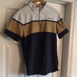 Guess Blue and Tan Polo Shirt with Color-Block Design